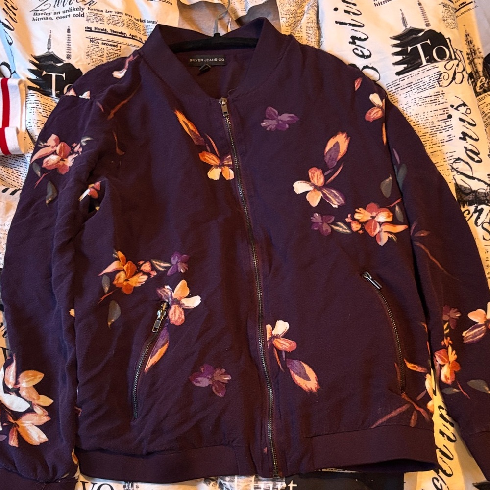 Silver Jeans Dark Purple Floral Bomber Jacket